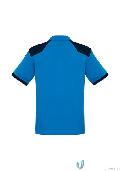 Blue and navy polo shirt from ISS 2 EMB adult work uniforms with UPF rating P705MS