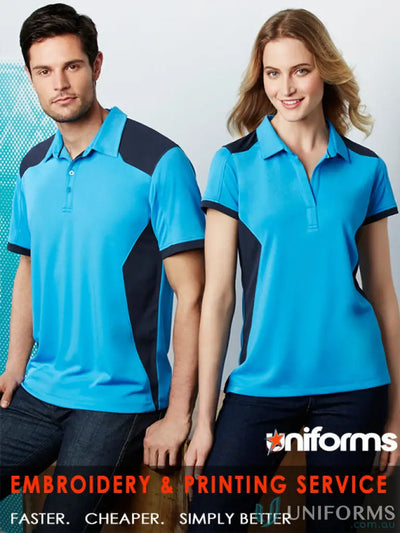 Matching blue and black polo shirts for work uniforms with UPF rating p705ms
