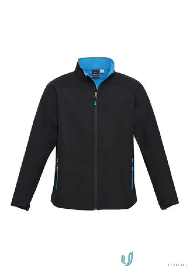 Black softshell jacket with blue lining ideal for workwear or uniforms