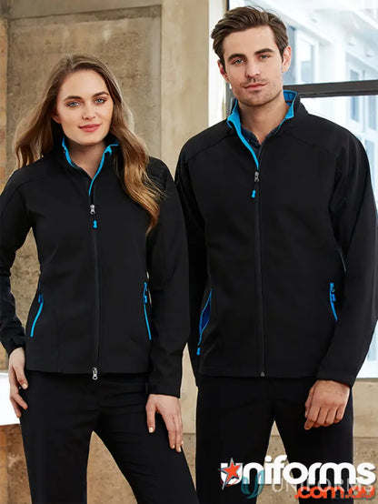 Matching black softshell jackets with blue trim from ISS (2 EMB) perfect for workwear or uniforms