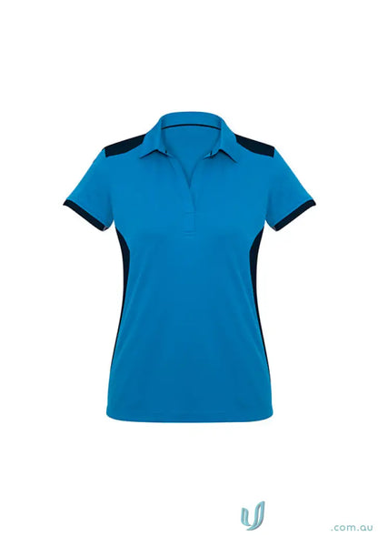 Blue and black women’s polo shirt with contrast sleeves and y-line placket, modern fit