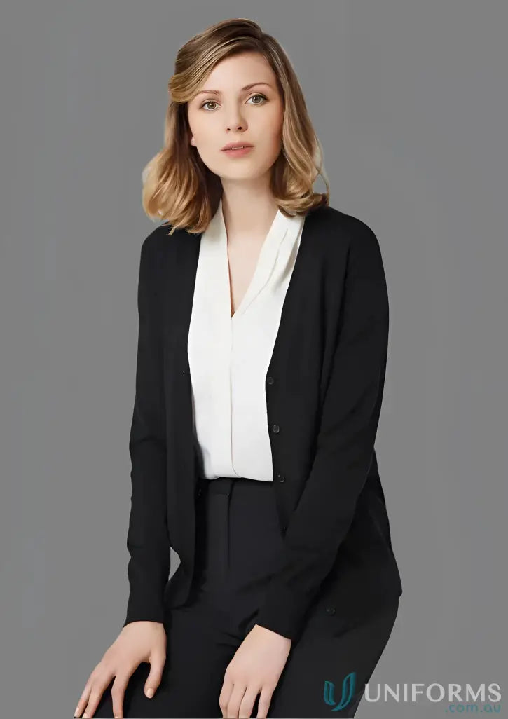 Black knit cardigan from IWG (EMB) Ladies LS Cardigan for Roma ladies knit style