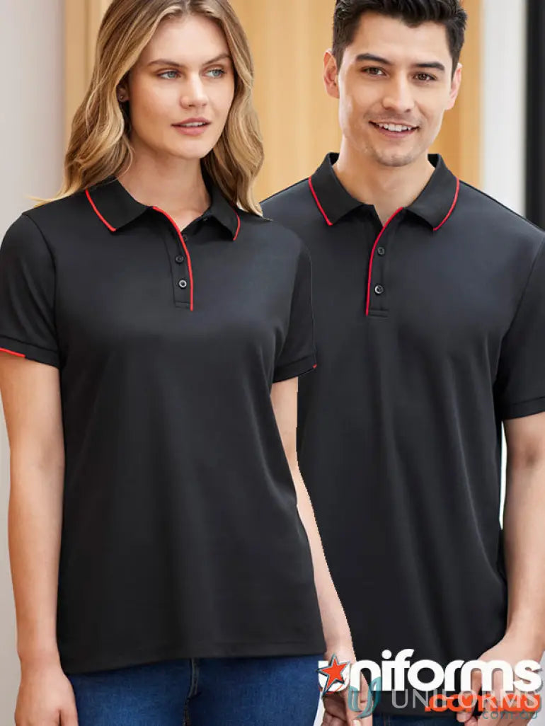Black ladies focus polo shirts with red trim, cotton-backed pique, and knit rib collar