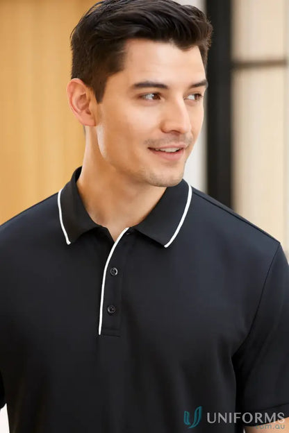 Black polo shirt with white trim from IWG Mens SS Polo, cotton-backed pique style