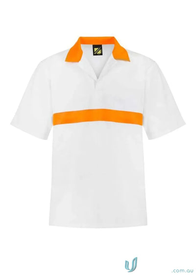 White polo shirt with orange accents from Jac Shirt contrast collar workwear for food prep staff