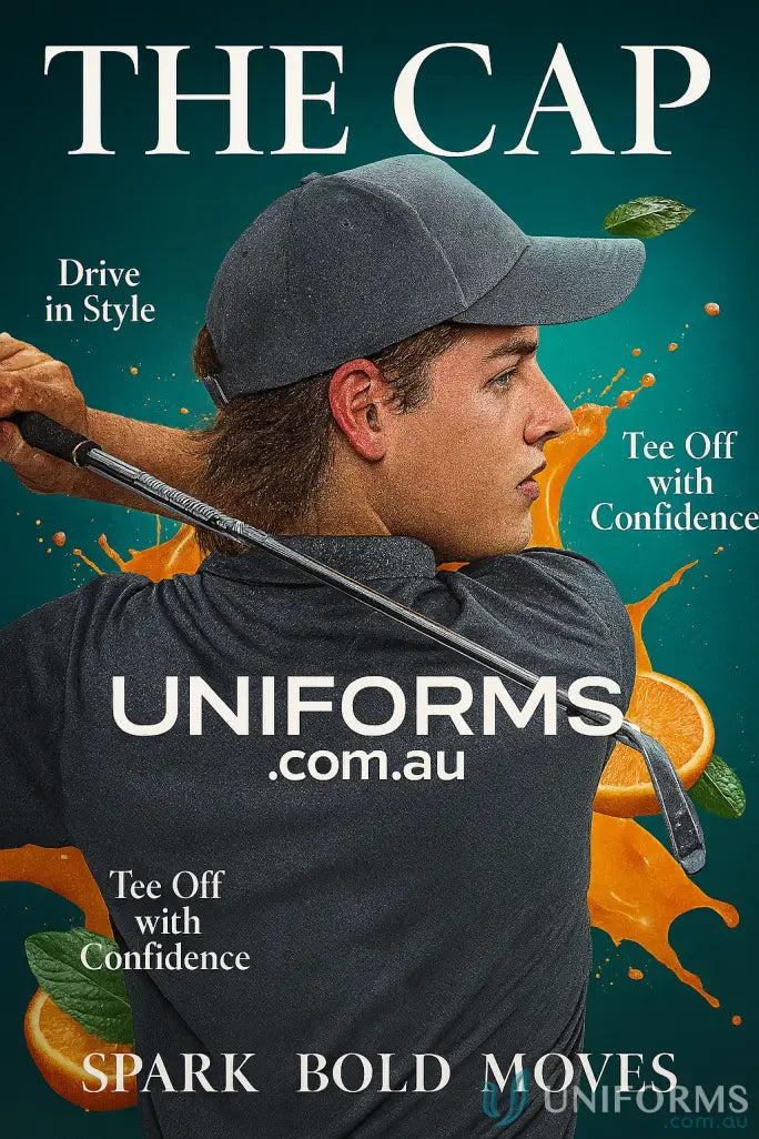 Golf uniform ad showcasing the stylish Jacquard 5-Panel Cap made with polyester jacquard fabric