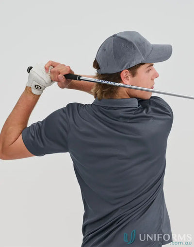 Golfer swinging with Jacquard 5-Panel Cap in polyester jacquard fabric