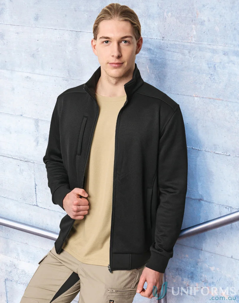 Black Jacquard Fleece Bomber Jacket with high zip-up neckline for men