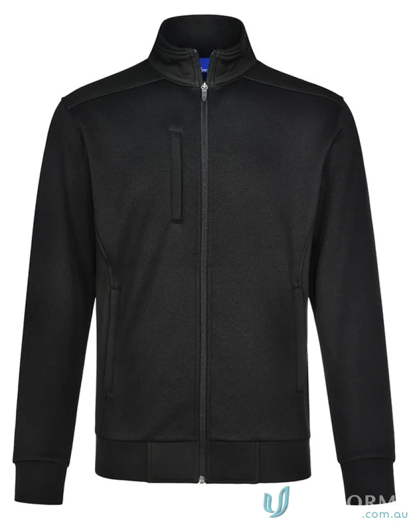 Black Jacquard Fleece Bomber Jacket with high zip-up neckline and ribbed cuffs and hem