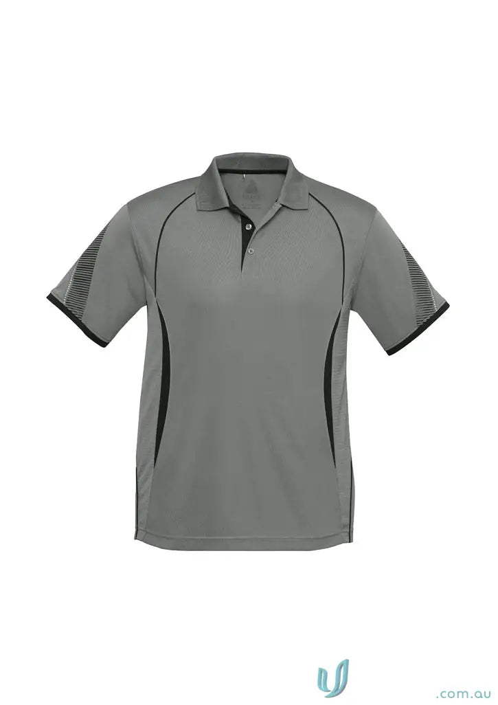 Grey Jani-King Mens Polo in polyester sports interlock with black trim and patterned panels
