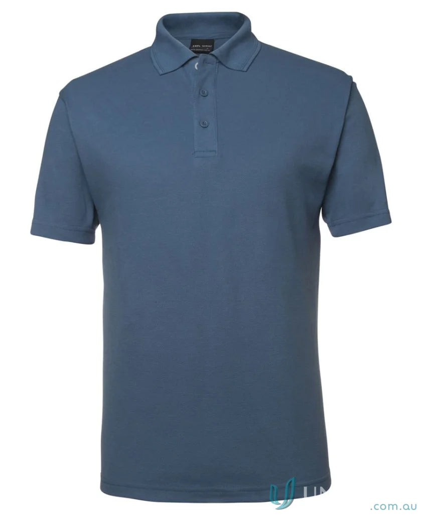 Blue short-sleeved polo shirt made with 210gsm pique fabric and herringbone tape detailing