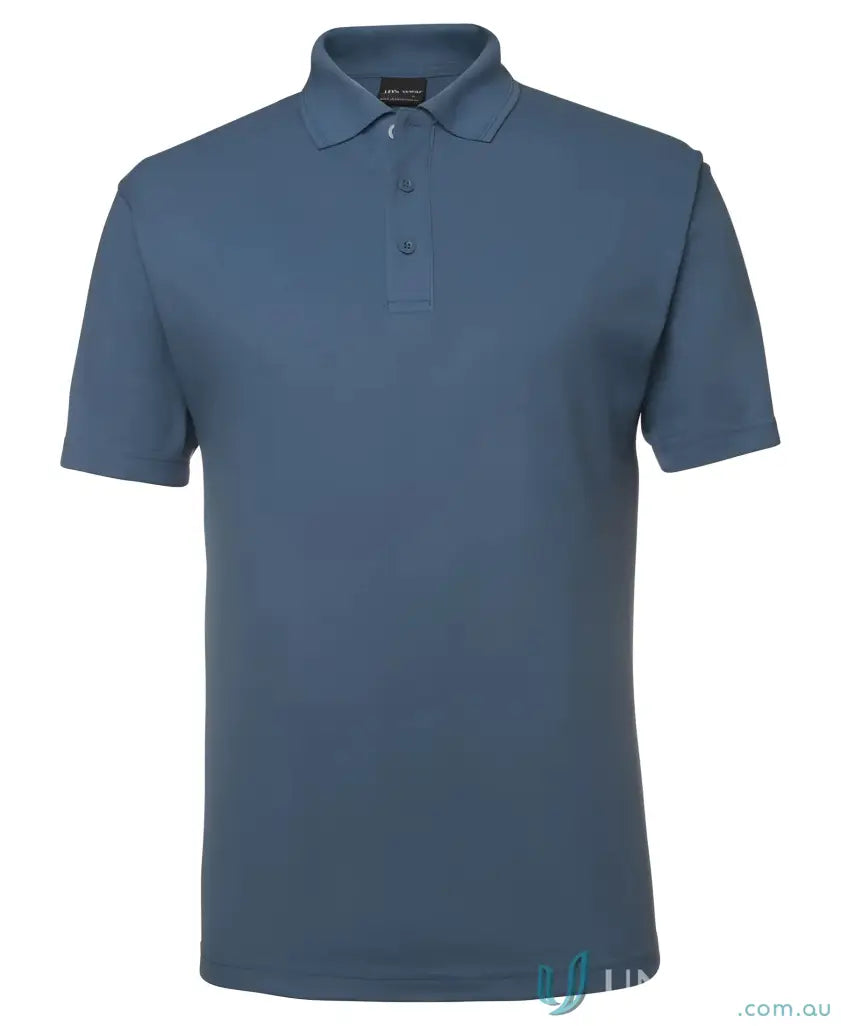 Blue short-sleeved polo shirt made with 210gsm pique fabric and herringbone tape detailing