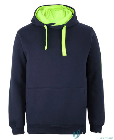 Navy hoodie with neon green lining from JB’S 350GSM Trade Hoodie, perfect fit and style