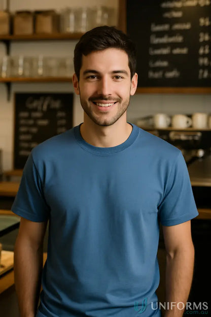 Smiling man in JB’s Adult 1HT Blue Tee, classic fit crew neck jersey knit shirt