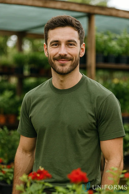 Smiling man with beard wearing 1HTJBs Tee classic fit crew neck in green