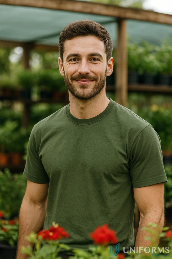 Smiling man with beard wearing 1HTJBs Tee classic fit crew neck in green