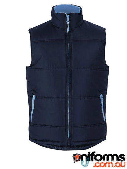 Navy blue contrast puffer vest with light blue inner collar and zipper, adult contrast puffer vest with extra-thick polyfill insulation