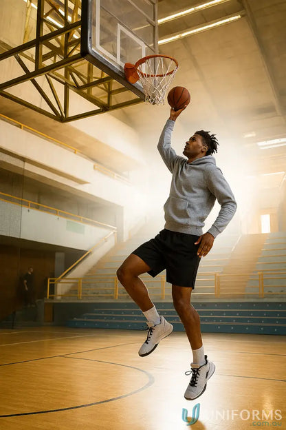 Man in JB’S Adults Basketball Shorts jumping to dunk, made with mesh fabric 140gsm