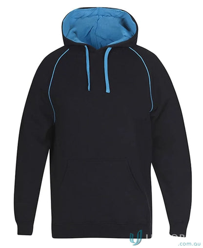 Black hoodie with blue accents from JB’s Adults Contrast Fleecy Hoodie made of cotton-rich CVC fleece
