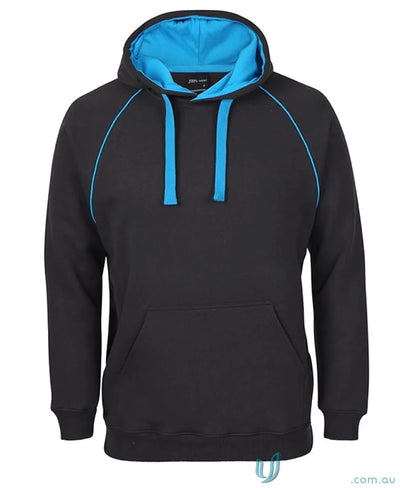 Black hoodie with blue trim from JBs Adults Contrast Fleecy Hoodie made of cotton-rich CVC fleece