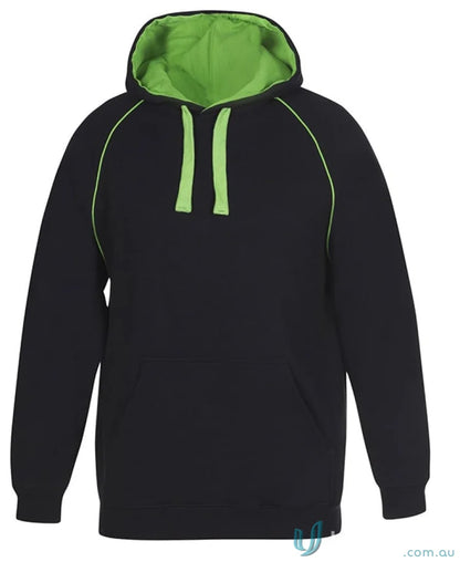 Black hoodie with green accents from JB’s Adults Contrast Fleecy Hoodie in cotton-rich CVC fleece