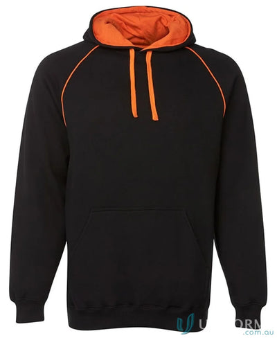 JBs Adults Contrast Fleecy Hoodie in black with orange trim made from cotton-rich CVC fleece
