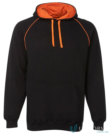 JB’s Adults Contrast Fleecy Hoodie in black with orange trim made from cotton-rich CVC fleece
