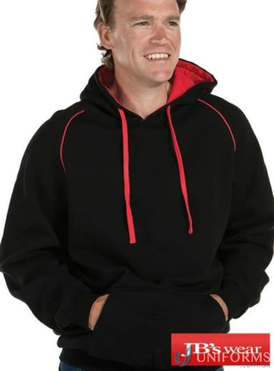 Black JBs Adults Contrast Fleecy Hoodie with red trim made from cotton-rich CVC fleece