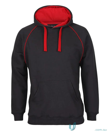 Black hoodie with red trim from JB’s Adults Contrast Fleecy Hoodie made of cotton-rich CVC fleece