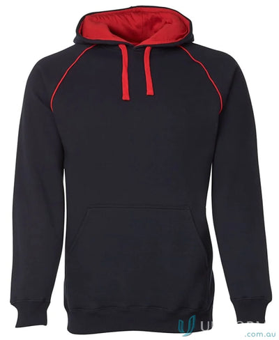 Black hoodie with red trim from JBs Adults Contrast Fleecy Hoodie, made of cotton-rich CVC fleece