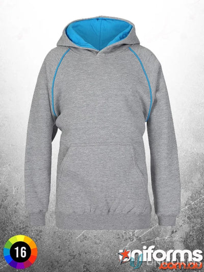 Gray hoodie with blue contrast trim from JBs Adults Contrast Fleecy Hoodie collection featuring cotton-rich CVC fleece