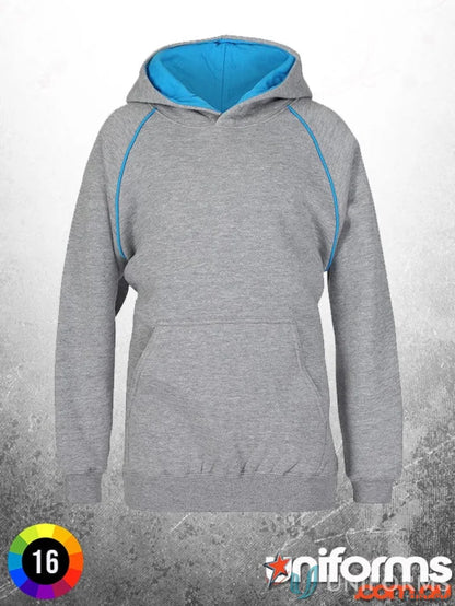 Gray hoodie with blue contrast trim from JB’s Adults Contrast Fleecy Hoodie collection featuring cotton-rich CVC fleece