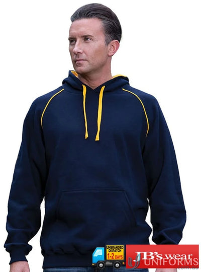 Navy and yellow contrast fleecy hoodie from JBs Adults Contrast line, cotton-rich CVC fleece