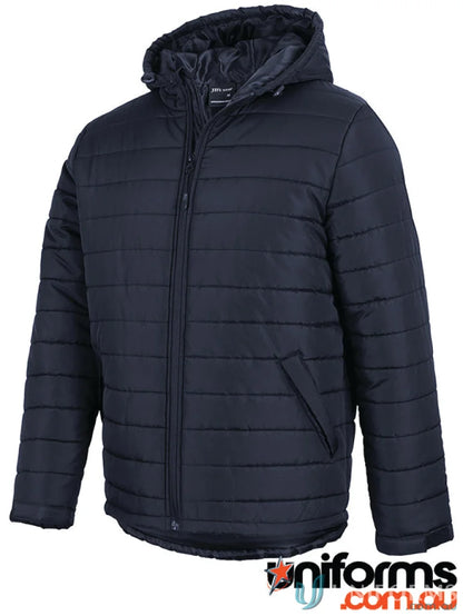 Dark blue JB’s Adults Puffer Jacket with horizontal design lines and polyester pongee shell