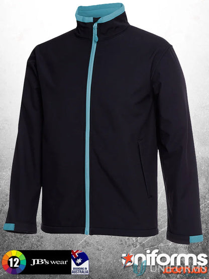 Black softshell jacket with teal accents featuring zip puller to stay dry and stylish
