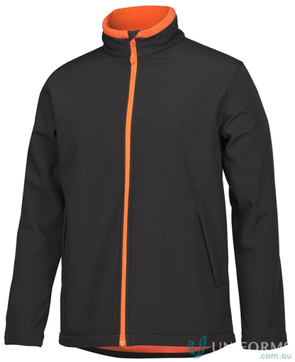 Black softshell jacket with orange trim and zip puller, stay dry and stylish