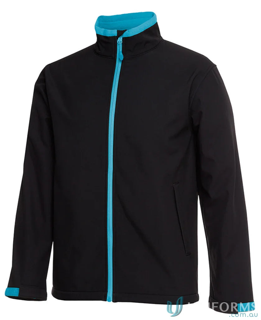 Black softshell jacket with turquoise accents, featuring zip puller and stay dry style