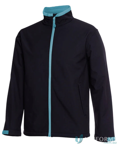 Black softshell jacket with teal trim from JBs Adults Water Resistant Softshell Jacket, stay dry