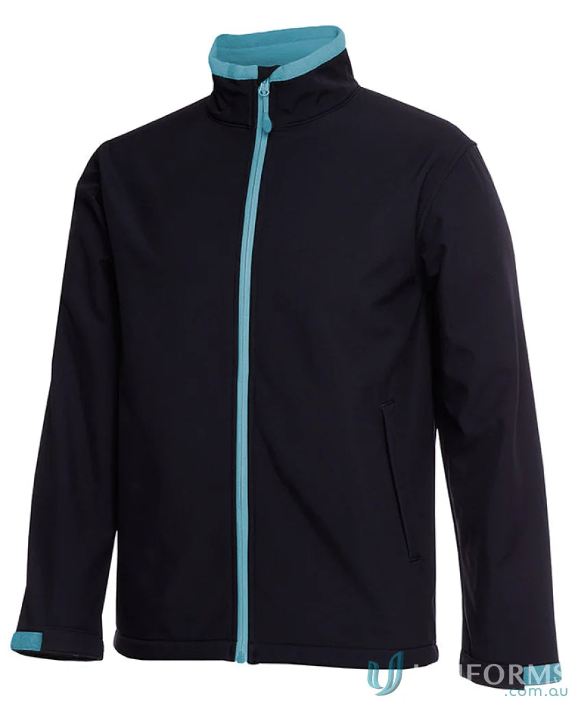 Black softshell jacket with teal trim from JBs Adults Water Resistant Softshell Jacket, stay dry