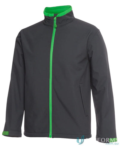 Gray softshell jacket with green trim and zip puller from JBs Adults Stay Dry collection