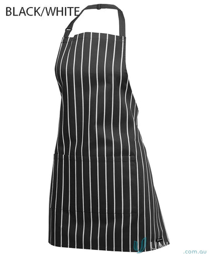 Black and white striped apron perfect for work uniforms and workwear in JB’s Bib Apron