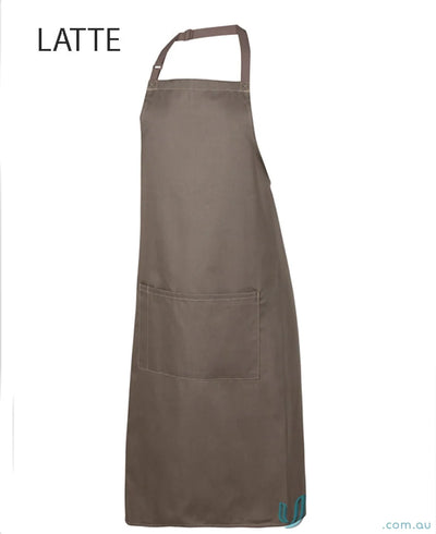 Latte-colored apron with neck strap, herringbone waist strap and pocket for JB’s Bib Apron