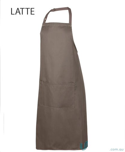 Latte-colored apron with neck strap, herringbone waist strap and pocket for JB’s Bib Apron