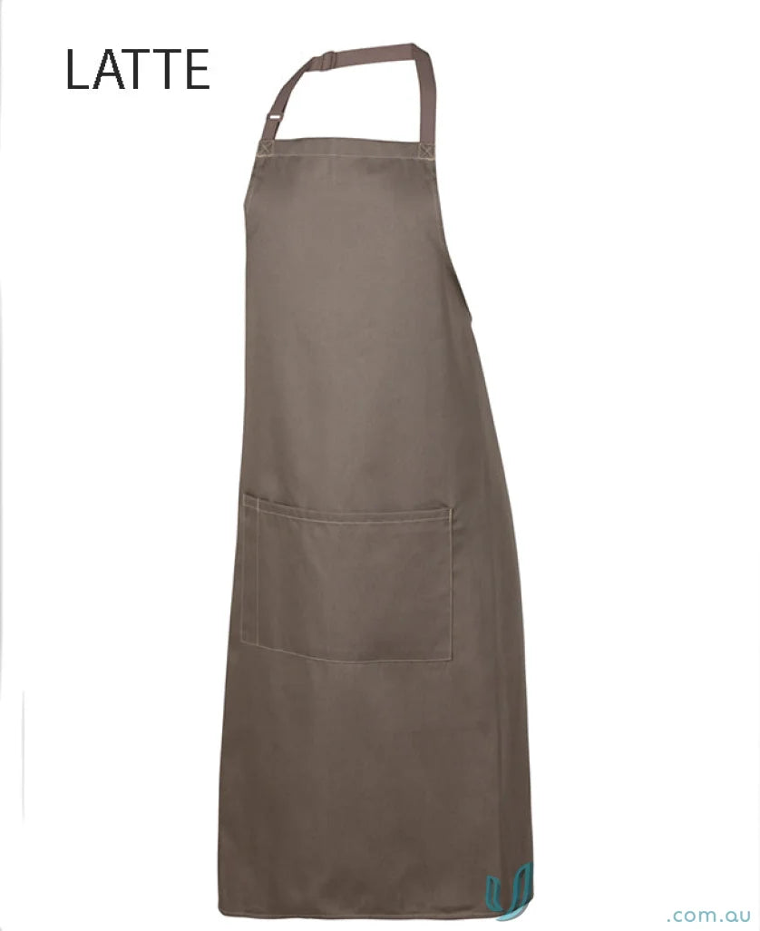 Latte-colored apron with neck strap, herringbone waist strap and pocket for JB’s Bib Apron