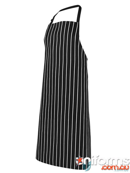 Black and white striped apron with herringbone waist strap for work uniforms and all body types