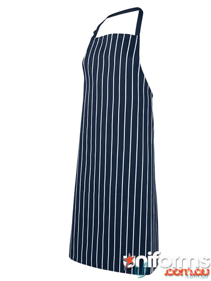 Navy and white striped apron with herringbone waist strap for work uniforms and all body types