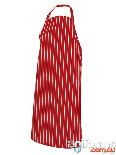 Red and white striped apron from JBs Bib workwear with pocket, perfect for uniforms
