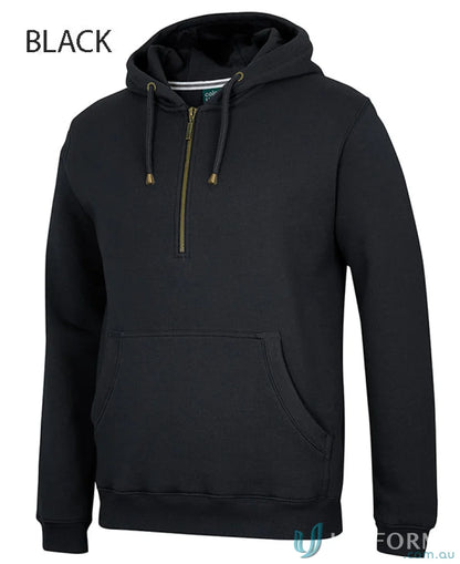 Black JB’S Brass Half Zip Hoodie with quarter-zip and kangaroo pocket for style
