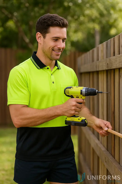 Man in JBs Breathable Jacquard SS Polo with fabric uniforms holding a drill smiling outdoors