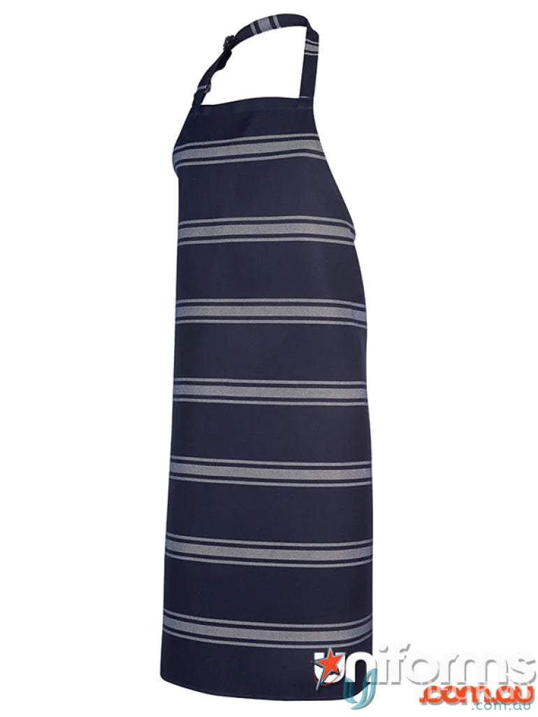 Navy blue JB’s Butchers Bib Apron with grey stripes, comfy neck strap workwear